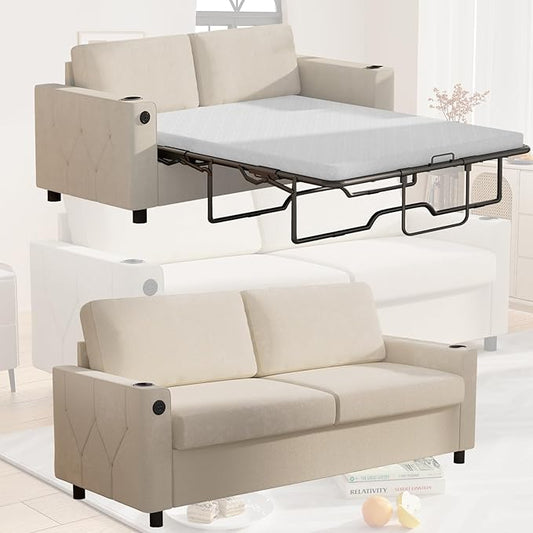 BALUS Pull Out Sofa Bed Full Size Sleeper Sofa Couch with USB Ports 2-in-1 Convertible Pullout Couchs with 2 Cup Holders &amp Memory Foam Mattress for Living Room Guest Room ApartmentWhite