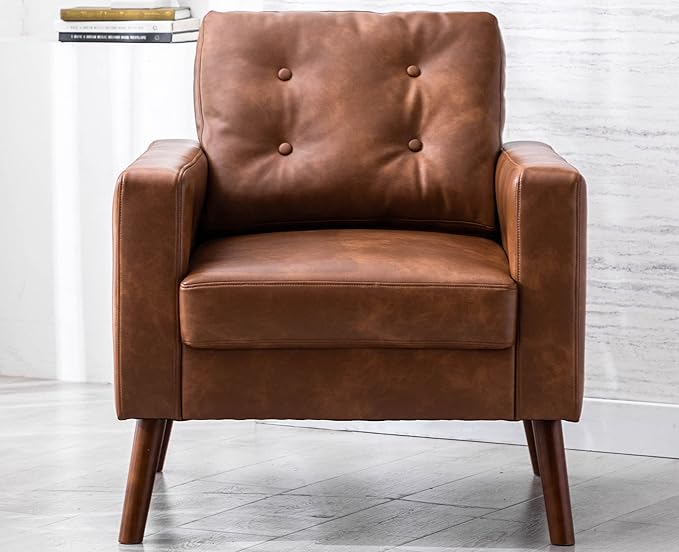 VESCASA Tufted Accent Arm Chair with Wood Legs PU Faux Leather Comfy Upholstered Single Sofa Mid Century Modern Side Club Leisure Chair for Reading/Living Room/Bedroom Caramel