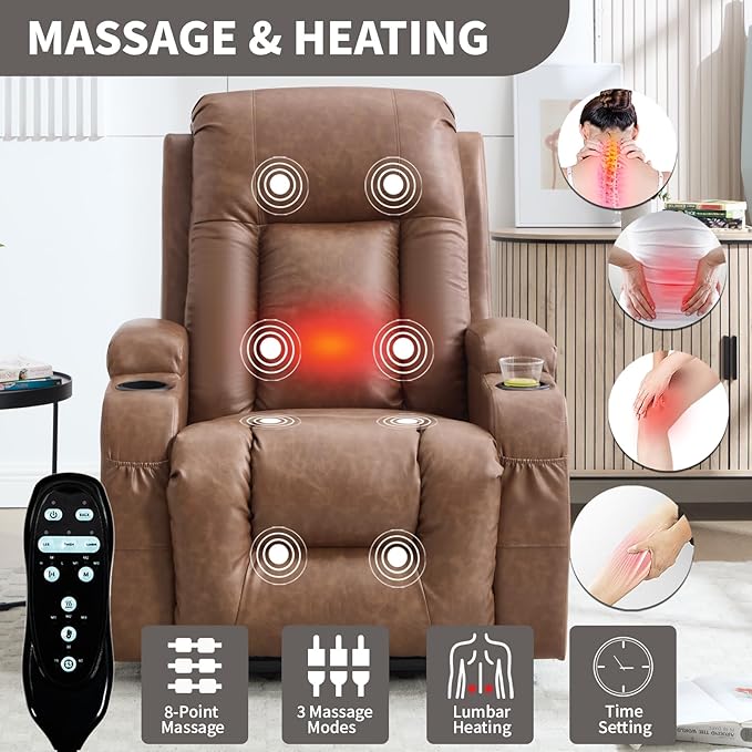 Power Lift Recliner Chair for Elderly with Infinite Position 350 LBS Capacity 8-Point Massage &amp Heating - Comfy Heavy Duty Motion Recliners Chairs for Living Room Small SpacesBrown