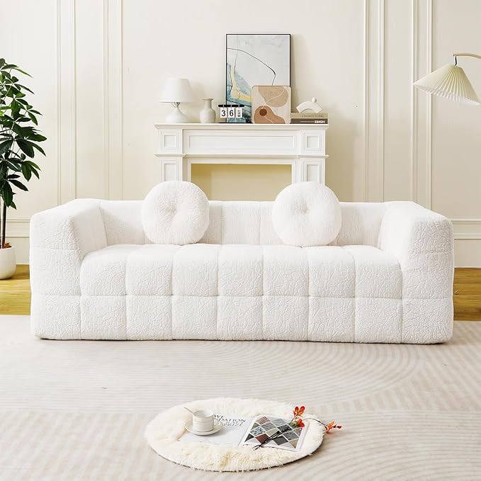 2 Pieces Cloud Couch Set for Living Room 66.5-inch and 84.6-inch Modern Comfy Upholstered Deep Seat Faux Fur Boneless Sofa and Loveseat Set with 2 Pillows for Living Room Bedroom Office Beige