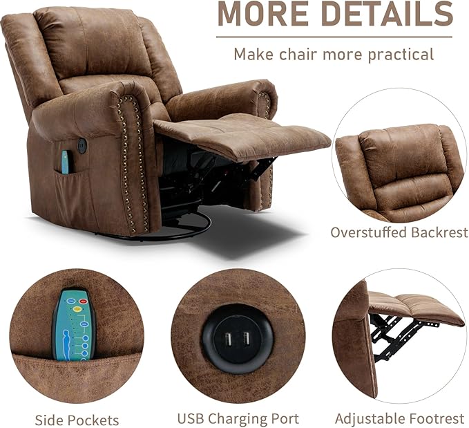 Manual Swivel Rocker Recliner with Heat and Vibration 360° Swivel Glider Rocking Recliner Ergonomic Lounge Massage Recliner Chairs with Side Pockets &amp USB Ports Nut Brown