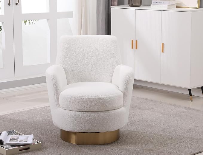 KEIKI Teddy 360° Swivel Barrel Chair with Gold Stainless Steel Base Accent Round Single-seat Upholstered Reading Sofa Armchair for Nursery Reading Living Room Bedroom Lounge Hotel Ivory Teddy