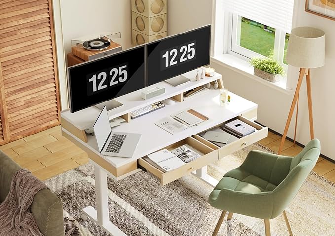 Claiks Standing Desk with Drawers Electric Adjustable Standing Desk Adjustable Height Sit Stand Up Desks with Storage Shelves &amp Wheels 48 Inch White