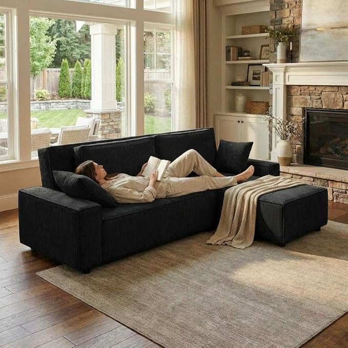 GAOMON Fine Stripe Corduroy Sectional Sofa l Shaped Modern Corduroy Couch Comfy Sofa Couch with Deep Chaise for Living Room Apartment Hotel 96 w*61 d*32 h Black
