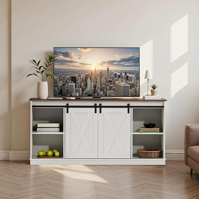 Sweetcrispy Farmhouse TV Stand 65 Inch for Living Room Bedroom White Tall Entertainment Center with Storage Shelves Media Console Cabinet with Wood Board 300 LBS Capacity and Sliding Barn Door