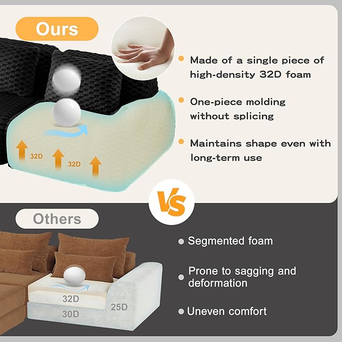 114 Oversized Modular Sectional Sofa Flannelette 3-Saeter Boneless Couch with Ottoman Comfy Deep Seat Cloud Couch Highly Textured L Shaped Sectional Couches for Living Room No Assembly Black