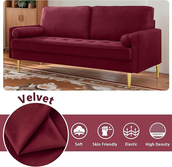 65 Loveseat Sofa with 2 Pillows Comfy Love Seat Cuches with Gold LegsVelvet Small Couchs for Living Room Bedroom Office ApartmentMid Century Modern Couch (Red)