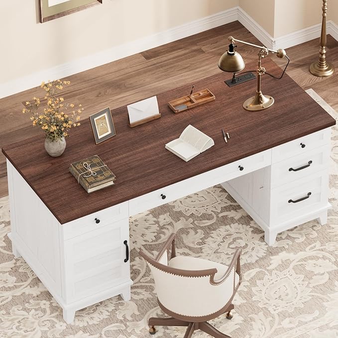 60 Inch Farmhouse Computer Desk with Charging Station &amp File Cabinet Wooden Office Desk with Power Outlets USB Ports and Ample Storage Drawers for Home Workspace Executive Writing Table.