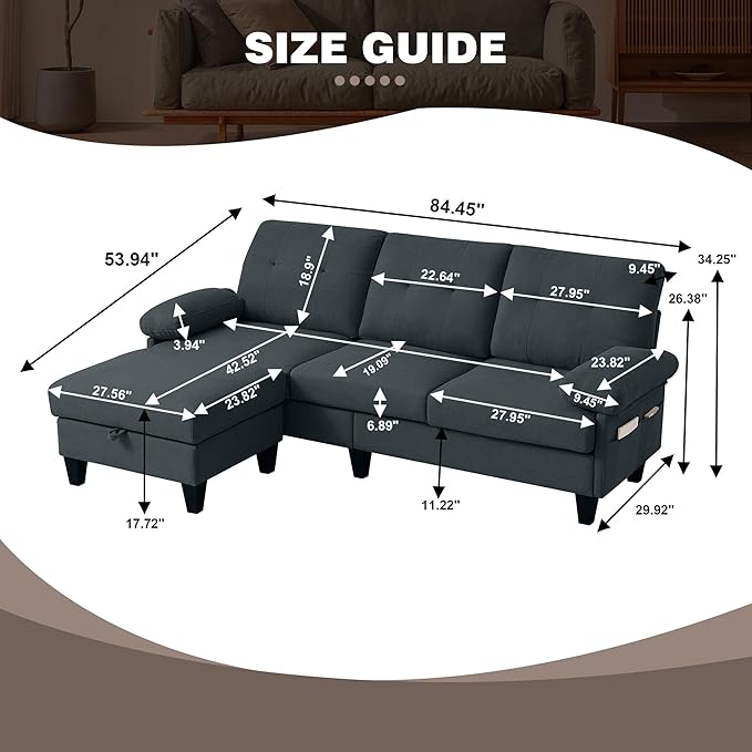 Sectional Sofa for Living Room 84 Small L Shaped 3 Seater Couch with Reversible Chaise Polyster Fabre for Apartment Small Space Dark Grey