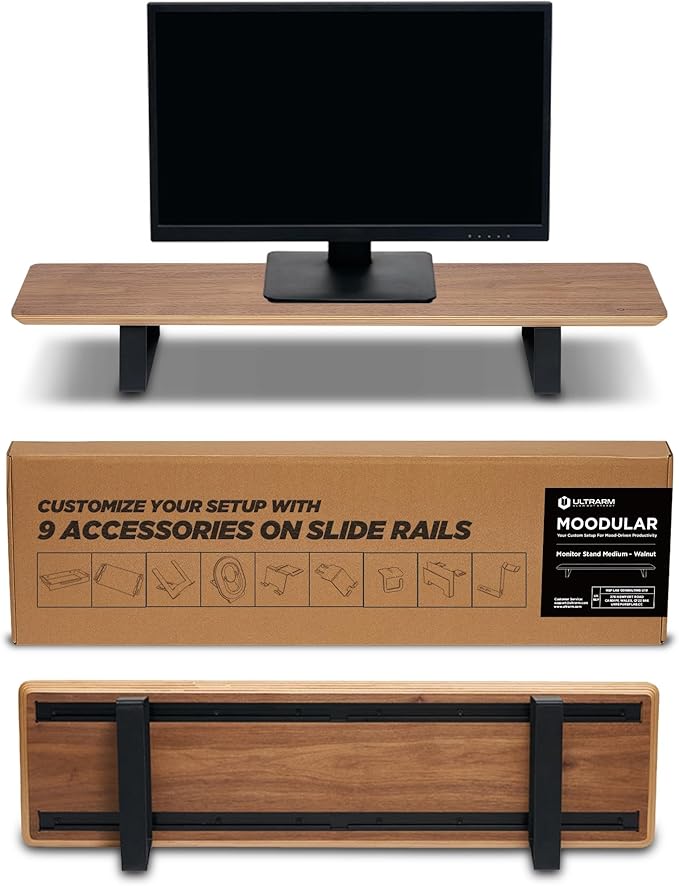Moodular Wooden Monitor Stand 33.4” (85cm) Desk Organizer with Metal Slide Rails for Drawer Tray Laptop Tablet Phone &amp Headphones Customizable Riser for Organized Workspace Walnut MS85-W
