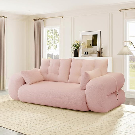 Convertible Sofa Bed with Folding Mattress Oversized Human Dog Bed 3-in-1 Sleeper Couch with Pillows and Thick Armrests 78.7 King Size Floor Sofa for Living Room Bedroom Guest Room Pink Teddy