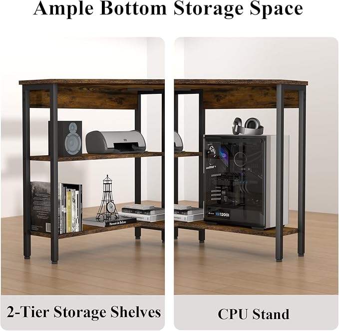 Auromie Corner Desk with Outlets &amp USB Ports 90 Degree Triangle Corner Table with CPU Stand &amp Storage Shelves for Small Space Computer Table with Charging Station for Home Office Bedroom (Ru