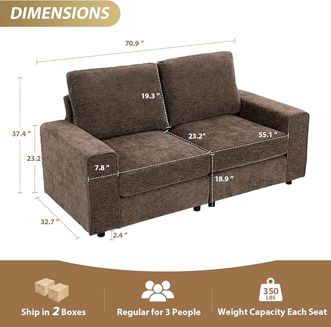 71 Modular Sofa Couch Comfy Chenille Loveseat Sofa Modern Recliner Couch with Deep Seats and Wide Armrests for Living Room(Brown Square backrest)