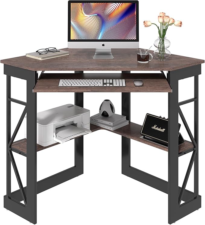 VECELO Corner Desk Computer Desk Writing Table with Smooth Keyboard Tray&ampStorage Shelves for Small Spaces/Compact Home Office Triangle TableBrown