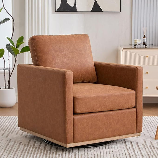 360° Swivel Accent Chair Square Modern Comfy Chair with Metal Base &amp Thicked Cushion Upholstered Lounge Reading Armchair Cozy Cloud Sofa Chairs for Living Room Bedroom Office Club(PU Brown)