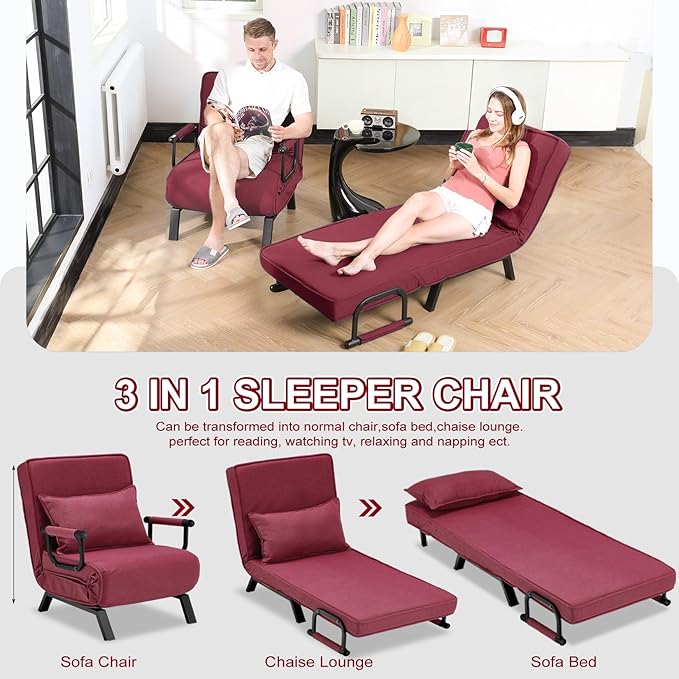 Folding Sofa Bed Sleeper Chair3-in-1 Single Convertible Sofa with Adjustable BackrestLazy Bed Leisure Recliner with PillowTri-fold Upholstered Armchair (Red Standard)