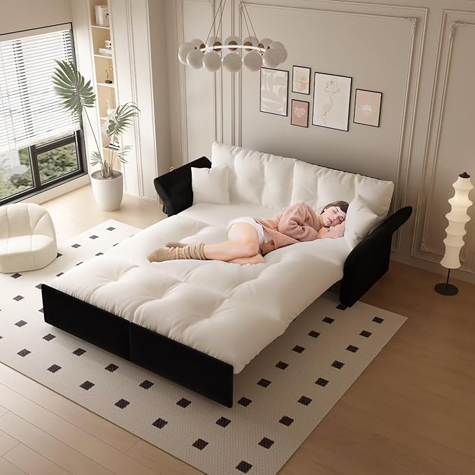 74.8 3-in-1 Folding Convertible Sleeper Tufted Couch with 2 Soft Pillows Velvet Pull Out Sofa Bed Multi-Functional Loveseat Bed Beige