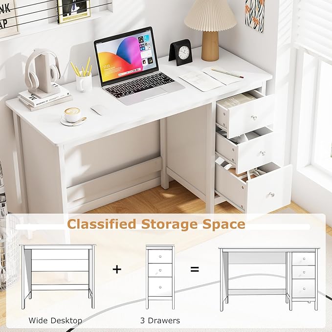 POWERSTONE Computer Desk with 3 Drawers 48x20 Storage Office Desk for Home Office Bedroom Large Study Writing Desk Workstation (White)