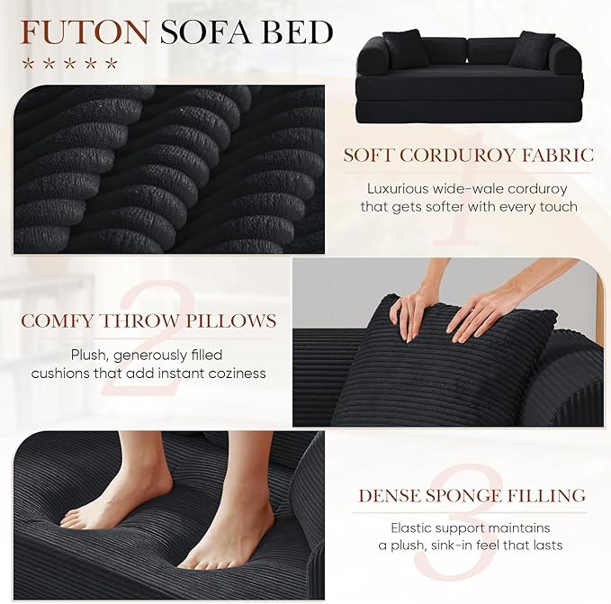 Antetek Modular Couch Bed Convertible Folding Plush Corduroy Comfy Floor Compression Loveseat Sleeper Sofa Couch King Size Bed for Guest Room Living Room Bedroom No Assembly Required Dark Black