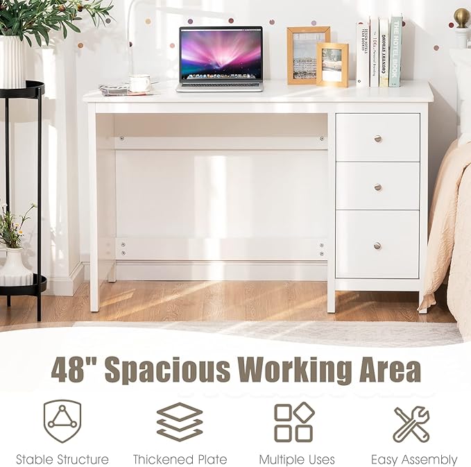 Computer Desk 48 Inch Home Office Desks with Drawers Modern Makeup Vanity Table Teens Writing Gaming Desk White Desk with Drawers for Bedroom Study Office (White)
