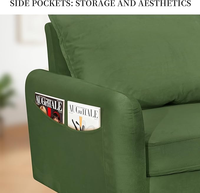 56.1 Round Arm Velvet Loveseat with Side Pockets and a Square Pillow (Army Green) | Side Storage Pockets Pillow Included