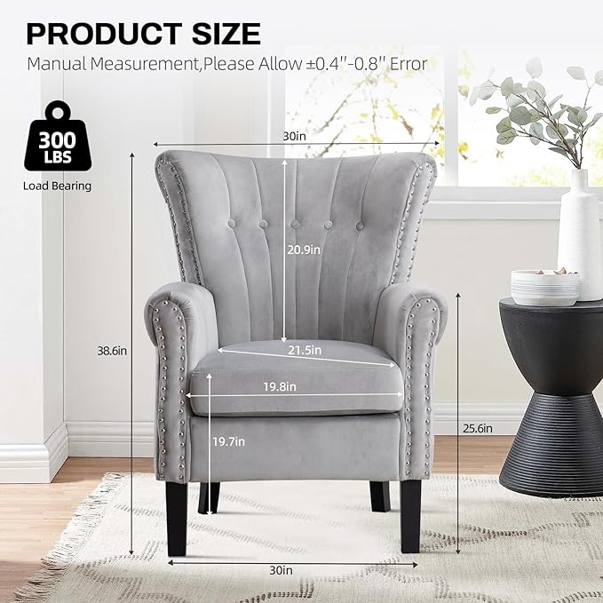 Velvet Accent Chair Single Modern Armchair with Riveted Decorative Mid-Century High Wingback Reading Chair Sturdy Sofa Living Room ChairsGrey