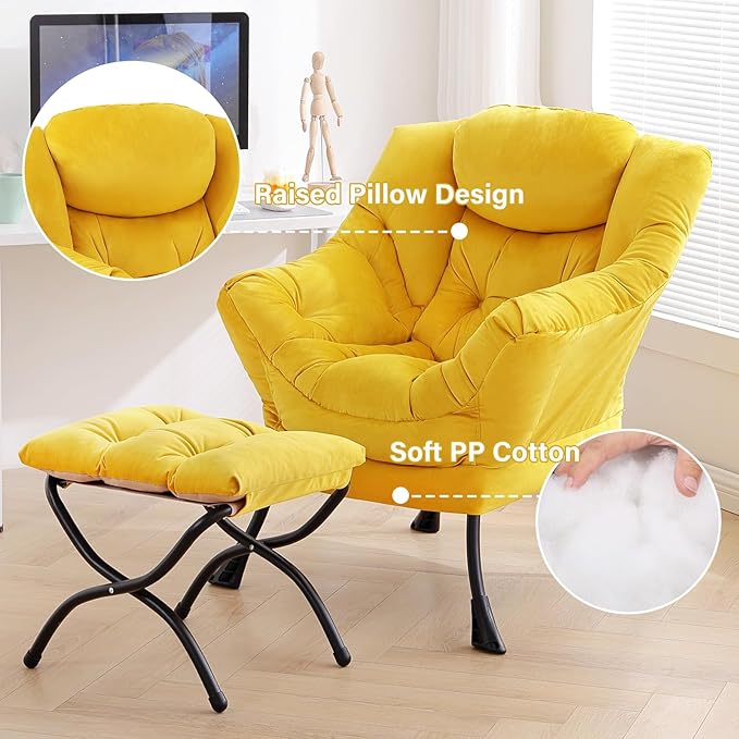 Tiita Lazy Chair with Ottoman Yellow Modern Large Accent Armchair Comfy Leisure Sofa Reading Chair with Footrest for Bedroom Living Room Dorm Rooms Garden Velvet Yellow