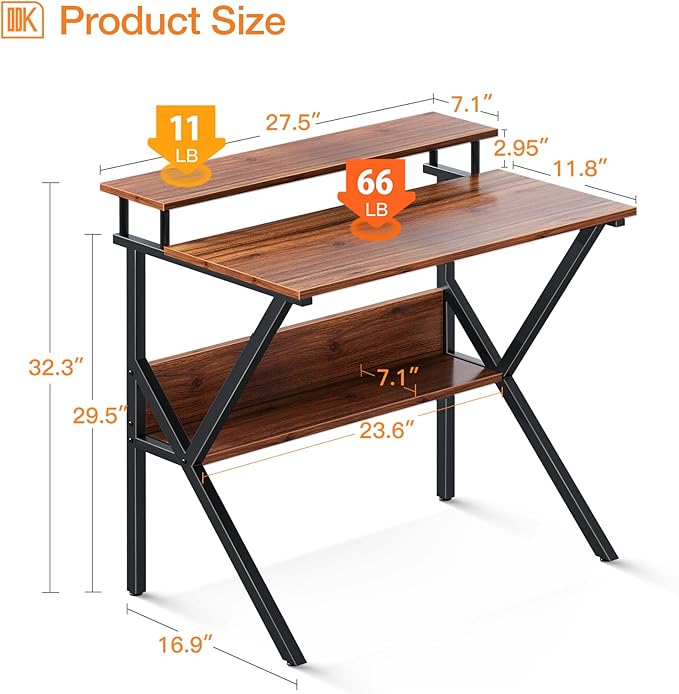 ODK Small Desk 27.5 Inch Computer Desk for Small Spaces Kids Desk with Storage Study Table with Monitor Stand for Homeschool Deep Brown