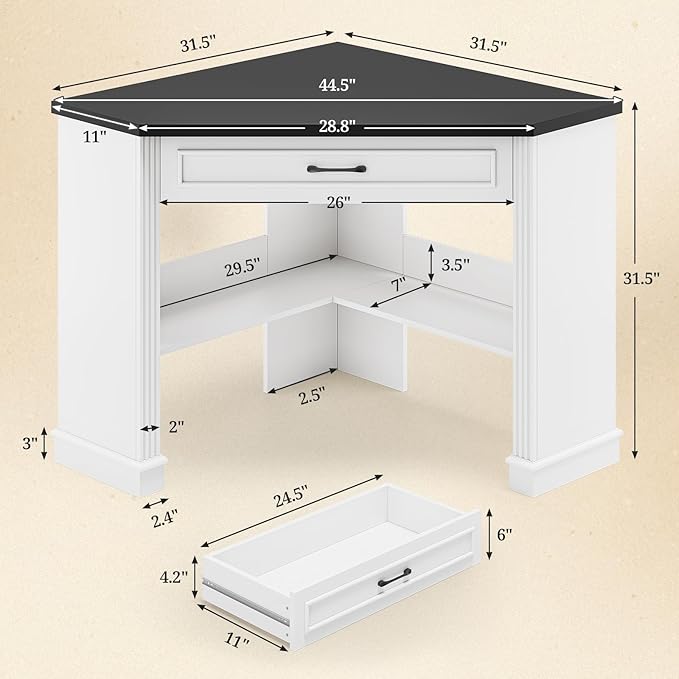 SEDETA 31.5 White Corner Desk Small Corner Desk for Small Space Farmhouse Triangle Computer Desk with Drawer and Storage for Home Office Living Room Bedroom Vanity Desk