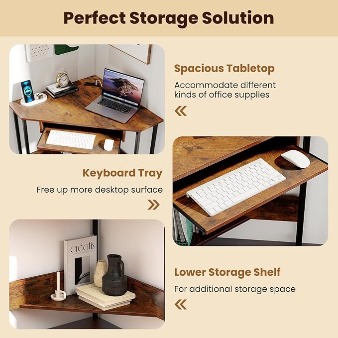 GOFLAME Corner Desk Triangle Computer Desk with Keyboard Tray &amp Storage Shelf Home Office Desk with Built-in Power Outlet Industrial Writing Desk Heavy-duty Space-saving PC Laptop Desk Worksta