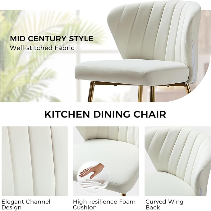 HULALA HOME Velvet Dining Chair Modern Small Vanity Chair with Back Metal Legs Elegant Tufted Armless Accent Chair Living Room Bedroom Beauty Room-Ivory