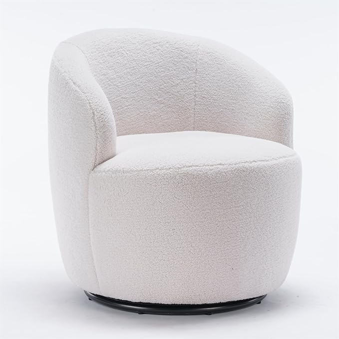 i-POOK Swivel Accent Chair Modern Teddy Upholstered Armchair Lounge Chair with Metal Base and Padded Cushion for Living Room White