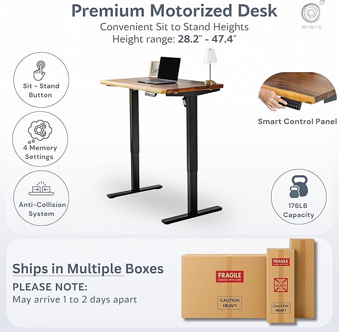 Small Standing Desk – Walnut Solid Wood Desk Natural Live Edge Adjustable Height Dual Motor Sit Stand for Home Office (Black W38 x D25)
