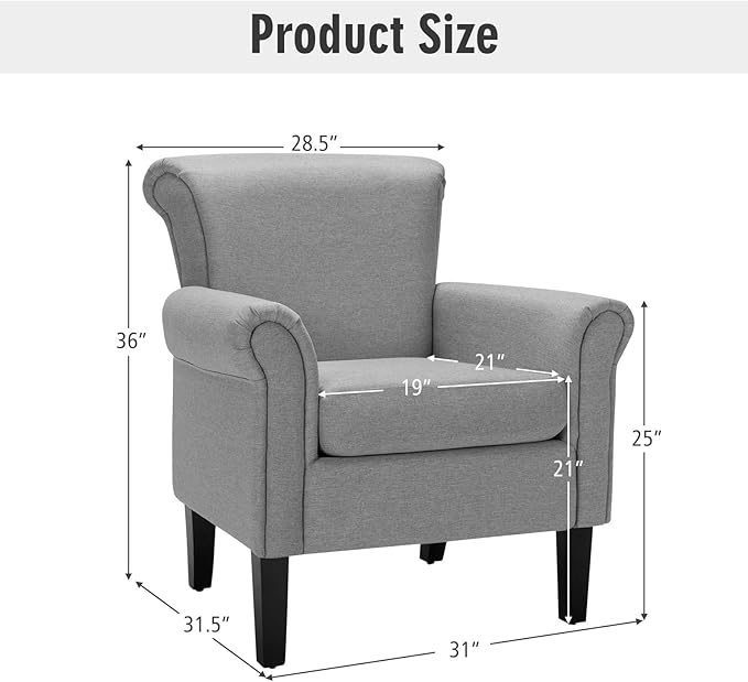 Giantex Modern Fabric Accent Chair Comfy Living Room Chair w/Adjustable Foot Pads Overstuffed Backrest Single Sofa Leisure Chair w/Soft Cushion Bedroom Chair for Reading Nursery Light Gray