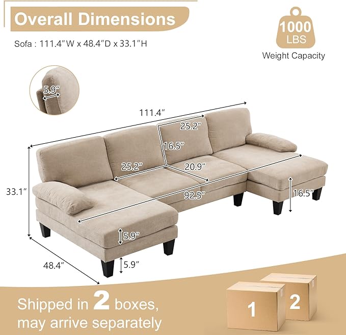 Karl home 111 Sectional Sofa U-Shaped 4-Seat Couch with Chaises Wood Grian Legs Chenille Fabric Upholstered for Living Room Apartment Office Khaki