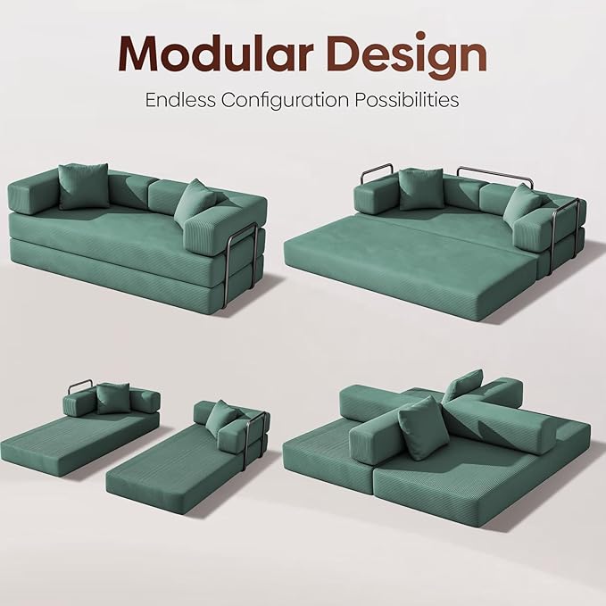 ARSURA 82” Teddy Couch Bed | Boneless Couch Bed for Living Room | Folding Sleeper Sofa Bed | Corduroy Green