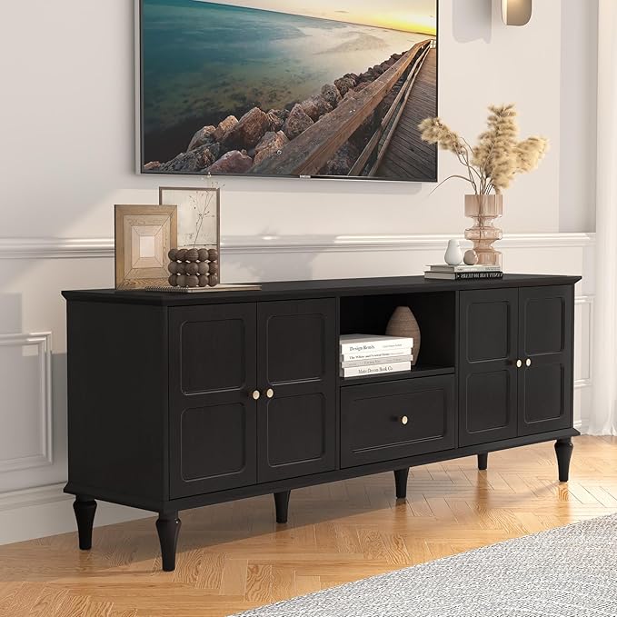 ARTPOWER 67'' Mid-Century Modern TV Stand with Storage Drawer and Doors Long TV Stand with Adjustable Shelves for 75 Inch TV for Living Room Bedroom Black