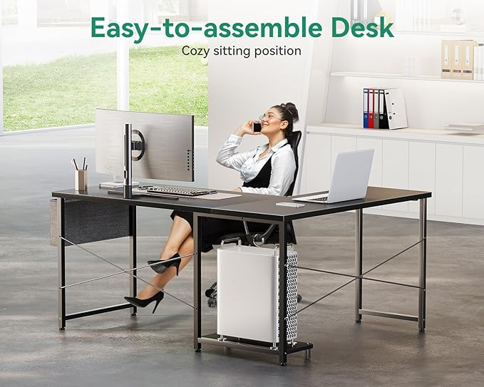 AODK L Shaped Desk 50 Inch Computer Desk with Storage Bag Reversible Home Office Desk with Host Stand Black Corner Table for Bedroom Studio Modern Wood PC Desk for Study Work
