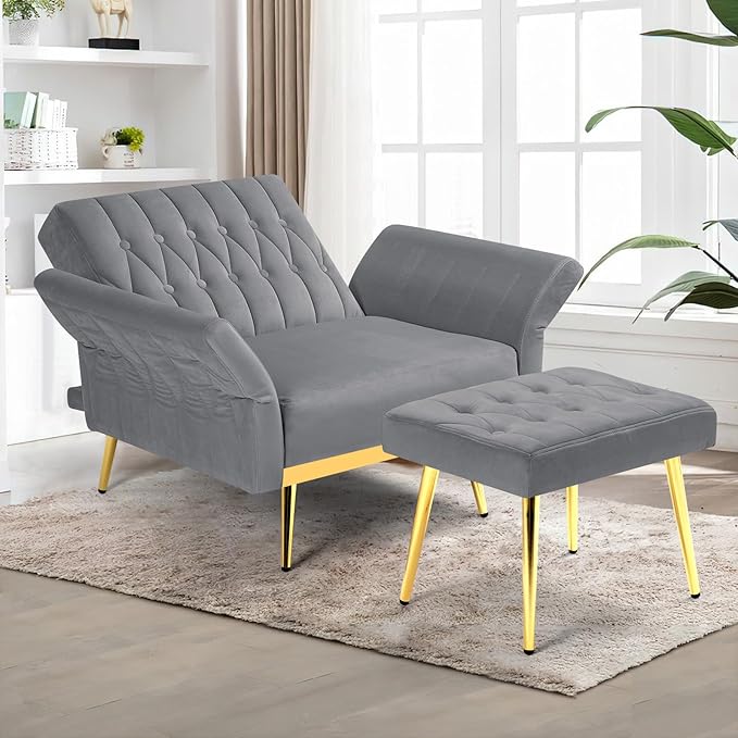 Velvet Accent Chair with Adjustable Backrest and Armrests Single Recliner Armchair with Ottoman and Golden Mental Legs for Living Room Bedroom and Waiting Room Grey