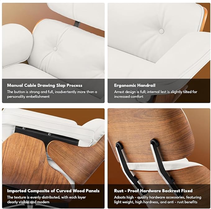 Mid Century Chaise Lounge Chair and Ottoman Reading Chair Leather Accent Chair Modern Chair Classic Design Heavy Duty Base Support for Living Room (Walnut-White Upgraded)