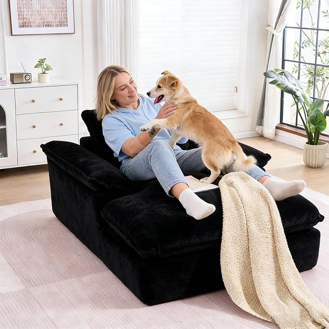 GNIXUU 67 Oversized Chaise Lounge Chair Indoor Corduroy Upholstered Boneless Sleeper Sofa Bed Comfy Large Reading Chair with Wide Armrests Plush Cloud Couch for Living Room Bedroom Black