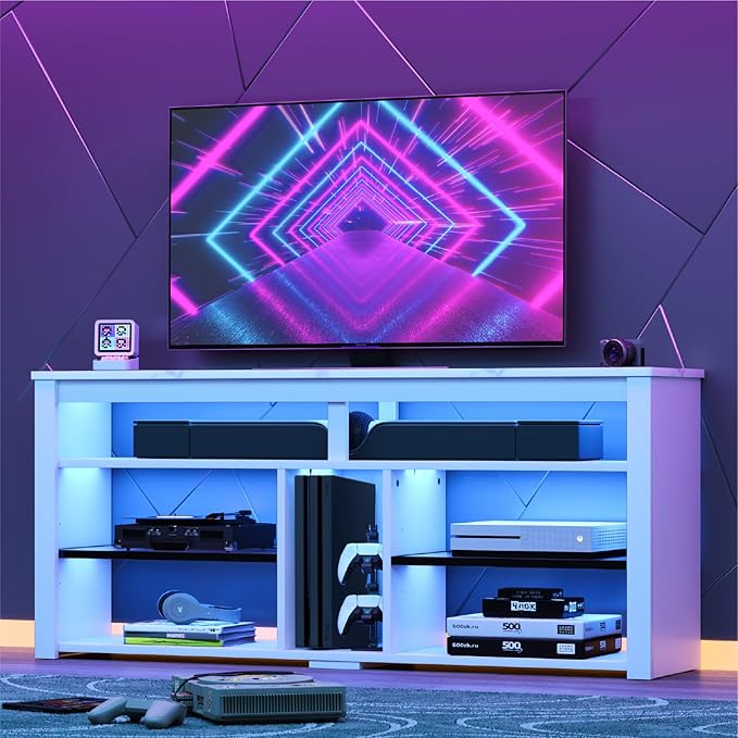 Bestier LED Tall Entertainment Center for PS4 55 inch TV Stand for 55/60/65 inch TV TV Console with Storage Media TV Cabinet with Adjustable Shelf for Living Room White Marble