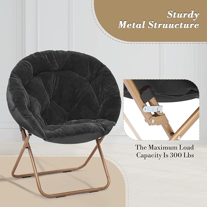 Athena Collection Round Saucer Chair with Ottoman Set for Adults Oversize Comfy Cozy Faux Fur Folding Reading Chair with Metal Leg Lazy Relaxing for Living Room Bedroom Dorm Apartment Black