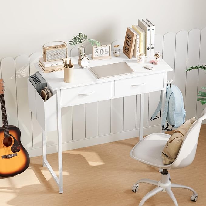 Sweetcrispy Computer Desk Small 32 Inch Home Office Bedroom Writing Study PC Table with Fabric Storage Drawers Space Side Bag Headphone Hook Metal Frame Adjustable Feet Modern Simple Style White Wood