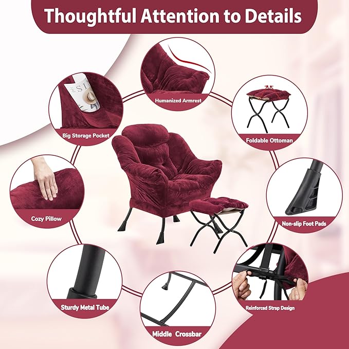 Lazy Chair with Folding Ottoman Accent Chair Plush Upholstered with Metal Structure and Non-Slip Pads Sofa Armchair with Footrest and Side Storage Bag for Dorm Room Office Rose Red