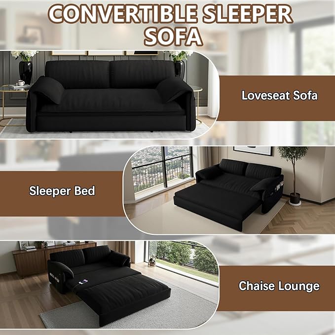 Gexpusm Futon Sofa Bed Queen Size3-in-1 Convertible Sleeper SofaPull Out Bed with Side PocketLoveseat CouchModern Futon Couch for Living RoomSmall SpaceApartmentBedroom (Black Velvet 61) | Fu
