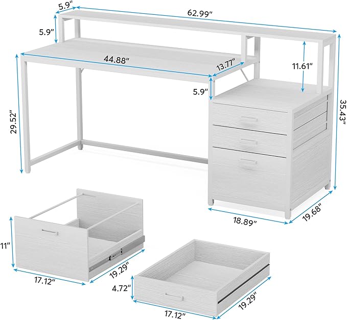 Tribesigns 63 Inch Computer Desk with File Drawer Cabinet Ergonomic Office Desk with Monitor Stand Computer Table with Printer Space Wood PC Table Workstation Desk for Home Office White