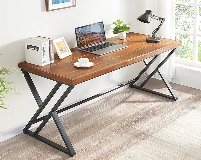 Real Wood Computer Desk Home Office Solid Wood Writing Desk Farmhouse Long Natural Wood Executive Work Desk Industrial Rustic Wooden Metal PC Gaming Office Table Workstation Brown 60 in
