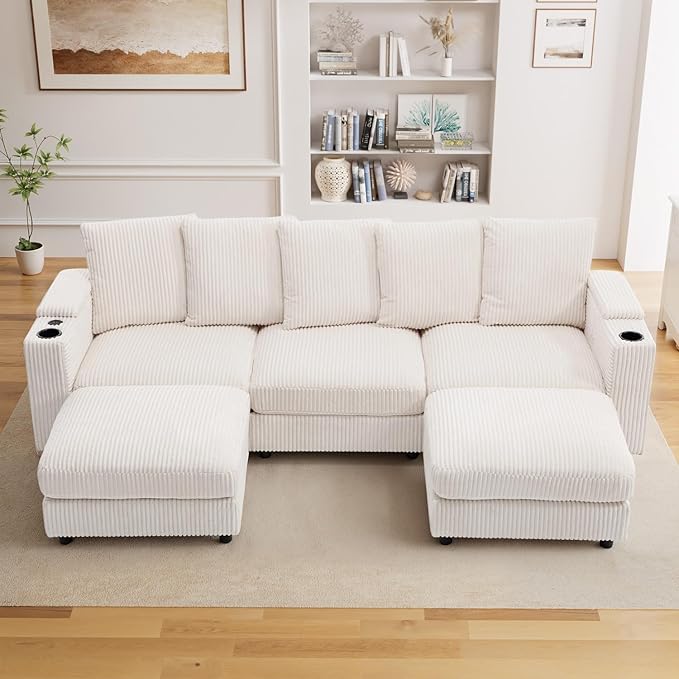 110 Oversized Cloud Couch U Shaped Modular Sectional Sofa L Shaped Sectional Couches for Living Room Comfy Corduroy Cloud Sofa with Ottoman USB Port Cup Holder Armrest Storage Side Pocket Beige