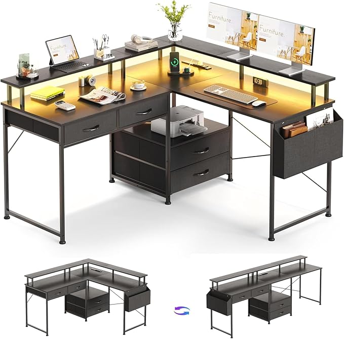 L Shaped Desk with 4 Fabric Drawers 78.7 Home Office Desk with Printer Storage Shelf &amp Power Outlet Two Person Desk with Monitor Shelf Corner Computer Desk Gaming Desk with Led Lights Black